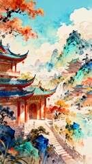 Obraz premium Watercolor Chinese Traditional Architecture Landscape