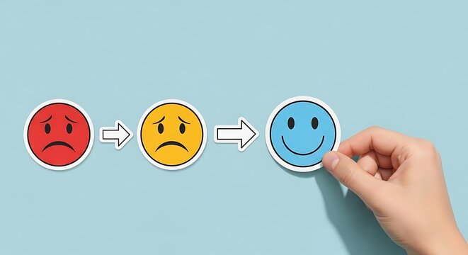 Hand improves mood by changing sad face to happy