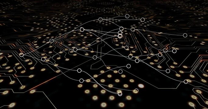 Digital animation of network of connections over microprocessor connections against black background