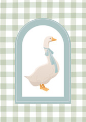 Cosy Cottagecore Print for Postcard, Poster Design, Wall Art, Scrapbooking, Interior Decor. Goose with a Bow Around its Neck in Hand Drawn Style. Vector illustration. © Viktoriia