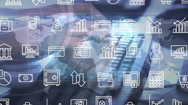 Animation of data processing and business icons over hands using computer