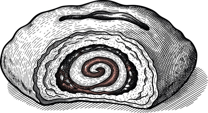 A detailed illustration of a cut cinnamon swirl bun on a plain surface