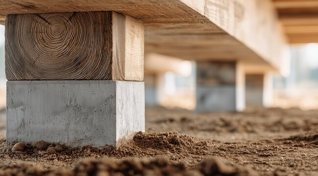 Wooden beam foundation resting on concrete block at construction site