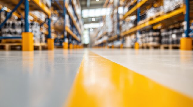 Yellow safety line on floor of large blurred warehouse with tall shelves