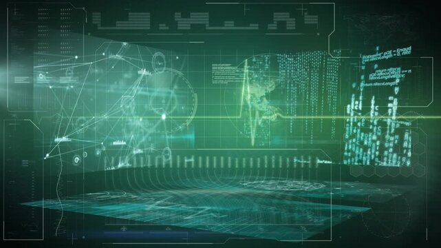 Animation of green digital screen with diverse data processing and heart rate