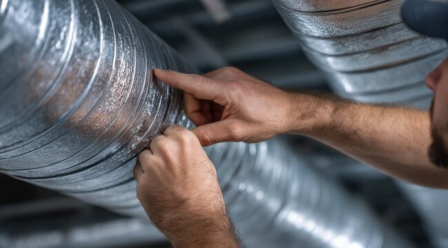 Technician hands inspecting ventilation air duct in industrial building
