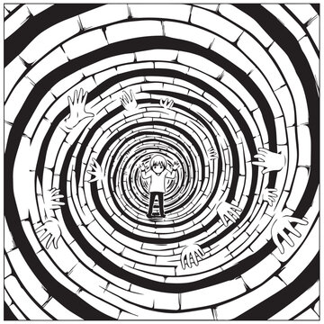 Black and white maze illustration, surreal optical illusion, tunnel vision concept, abstract labyrinth design