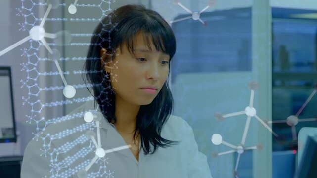 Animation of molecules, dna against asian doctor checking blood sample in laboratory