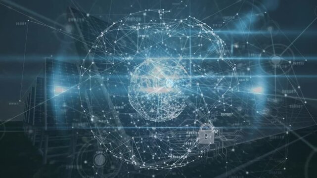 Animation of data processing, network connecting dots with lock icon against solar power station