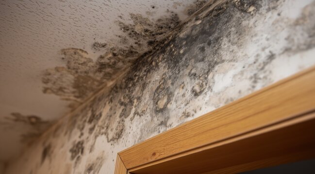 Black mold growing on ceiling and wall above wooden door frame in room