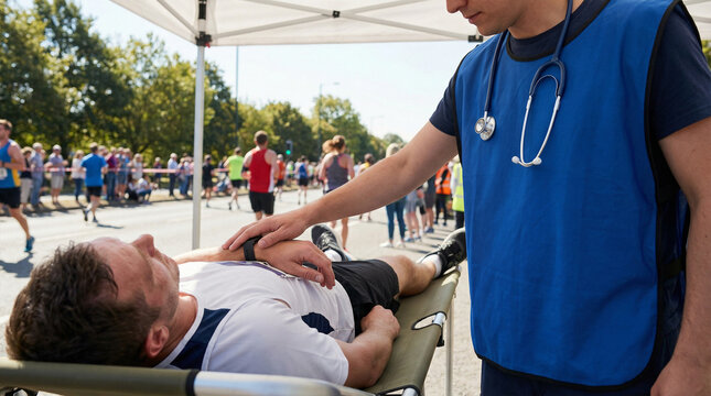 Medic checking pulse of runner lying on stretcher
