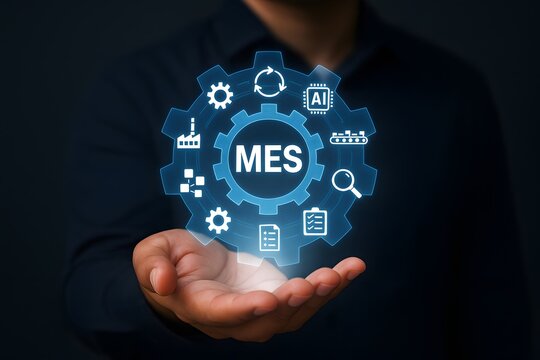 An open hand holds a glowing gear icon with "mes" at its center, surrounded by various industrial and manufacturing process icons.