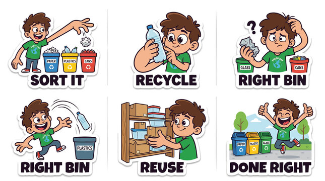 Recycling life cartoon sticker set flat vector featuring waste sorting process with paper plastic cans and glass bins reuse at home and right bin choice for sustainable environmental education