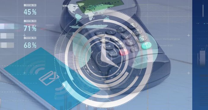Animation of financial data processing and scope over smartphone and payment terminal