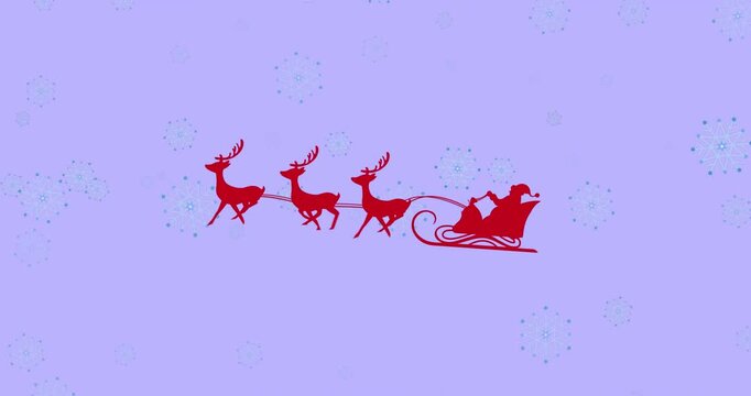 Animation of santa claus in sleigh with reindeer over snowflakes on blue background at christmas