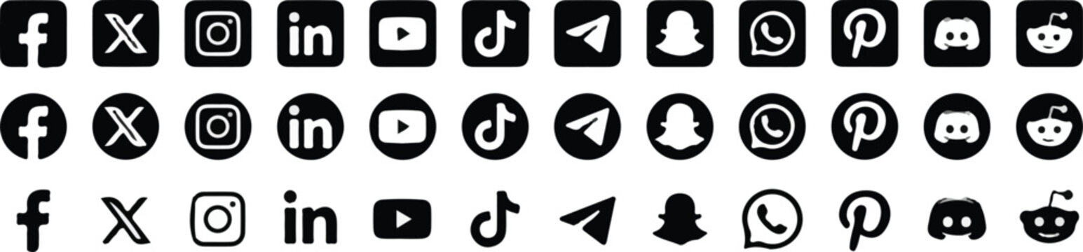 black social media icon set collection flat vector facebook instagram twitter linkedin youtube tiktok telegram whatsapp pinterest snapchat rounded monochrome