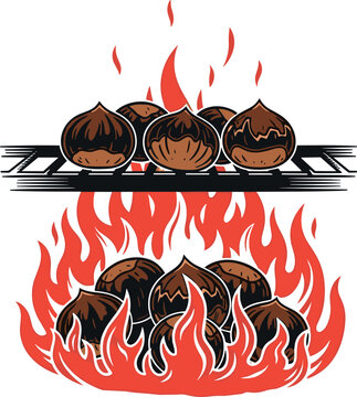 A graphic illustration of chestnuts roasting on an open flame grill