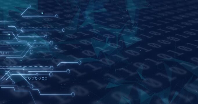 Animation of illuminated circuit board texture and binary codes over abstract background