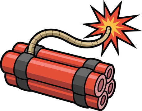 Explosive dynamite cartoon illustration, bundle of red sticks with lit fuse sparks for danger warning symbol and action concept design.