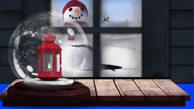 Animation of christmas lamp in a snow globe against view of winter landscape from window frame