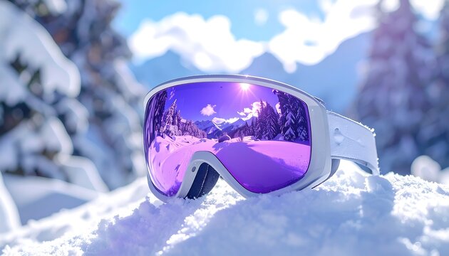 Ski goggles reflect snow-covered mountain vista. Bright sun, snow, trees, sky.