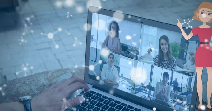 Animation of molecules and woman icon over diverse business people having video call