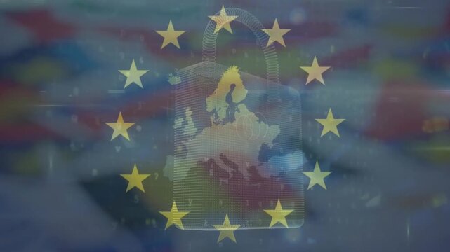 Animation of map of europe, padlock, data processing and flag of eu