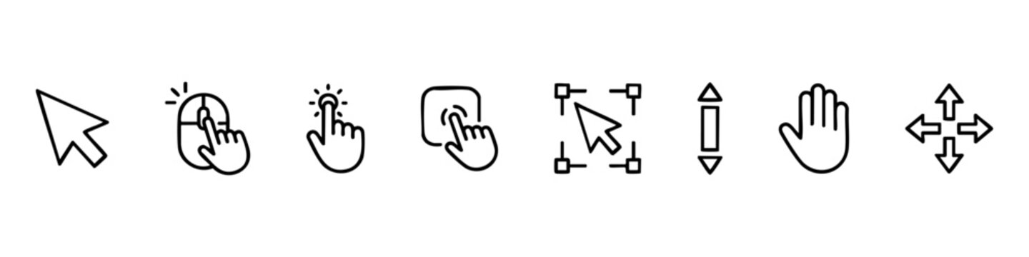 Computer Mouse Cursor and Hand Pointer Icon Set - Minimalist Vector Line Art for Web Navigation, Touch Gestures, UI Design, and Interface Elements.