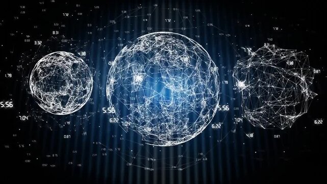Animation of data processing, globes and network of connections