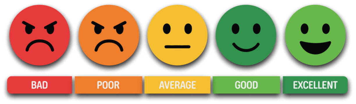 Rating emoji icons illustration set, bad poor average good excellent indicators for customer feedback, satisfaction levels, and user experience review design.