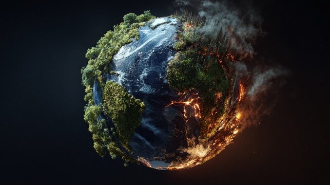 A conceptual 3D illustration of planet Earth split into two contrasting halves, symbolizing the environmental crisis. 