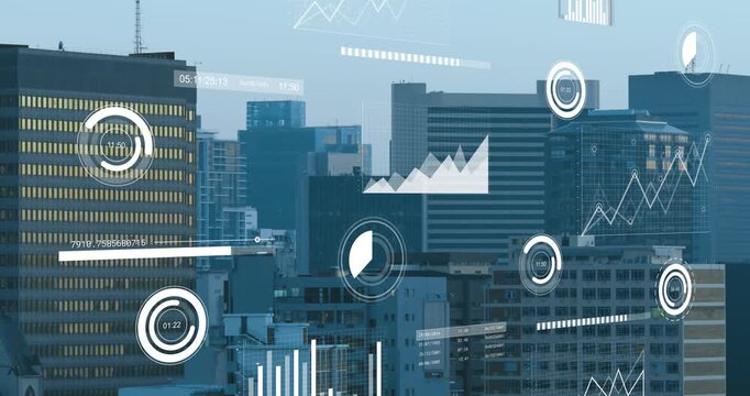 Animation of financial data processing over cityscape