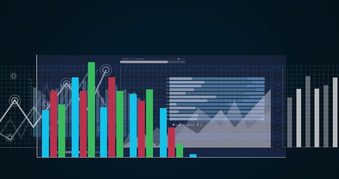 Animation of multiple graphs, loading bar and map over black background