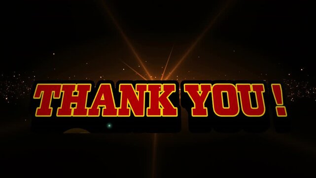 Animation of thank you text with exclamation and lightnings over lens flare against black background