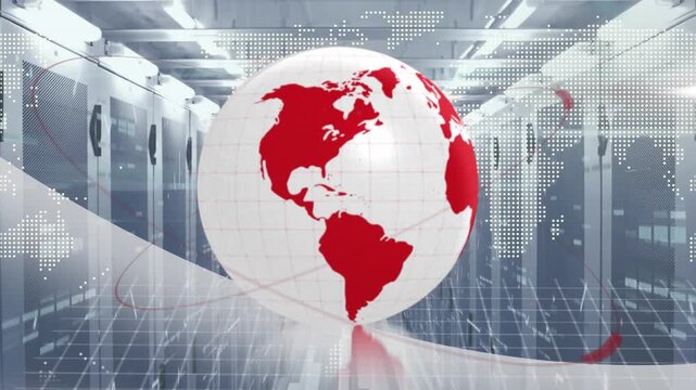 Animation of spinning globe, data processing and world map against computer server room
