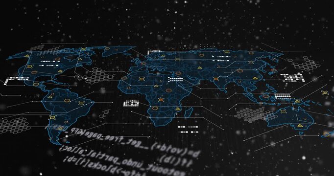 Animation of geometric shapes on map and computer language over black background