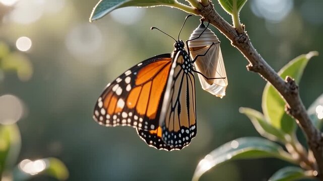 Monarch butterfly emerges from its chrysalis attached to a leafy branch in soft morning sunlight
