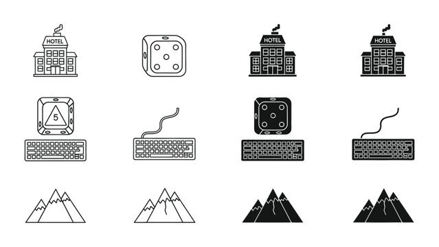 Vintage illustration of hotels, computer hardware, and mountain landscapes in a retro style