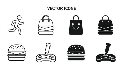 Collection of eight simple vector icons depicting various activities and objects © Jorina Stock