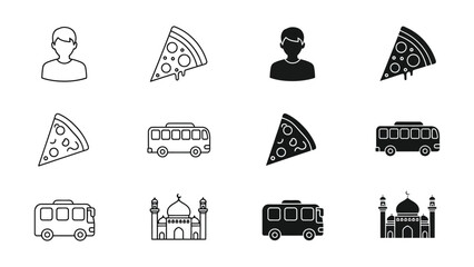 Contrast of icons depicting cultural and culinary preferences with transportation elements © Jorina Stock