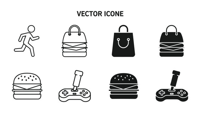Collection of eight simple vector icons depicting various activities and objects