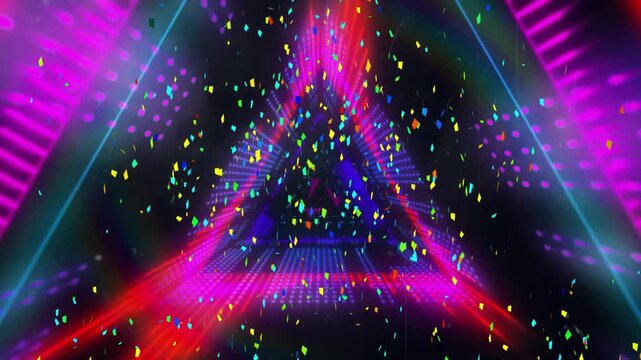 Triangle emerging with magenta blue beams projecting grid, neon outline pulsing particles swirling