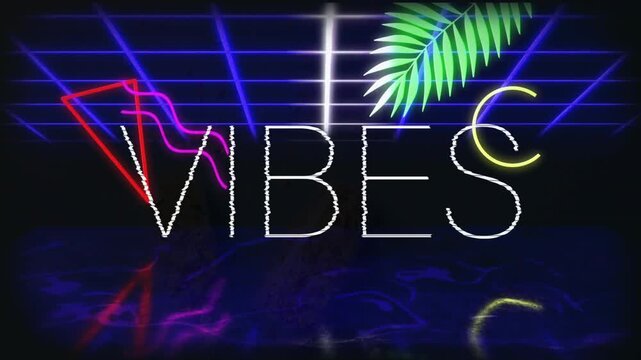 Black frame revealing neon grid shapes appearing glitching VIBES stabilizing showing VIBES logo
