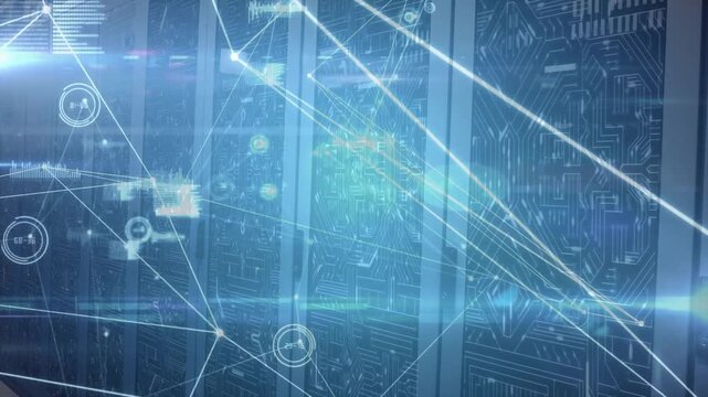 Starting with server rack view, network lines expanding, nodes pulsing, visualizing data flow