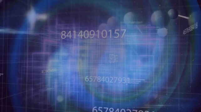 Opening numeric string fading initiating grid rotating with nodes floating data visualizing network