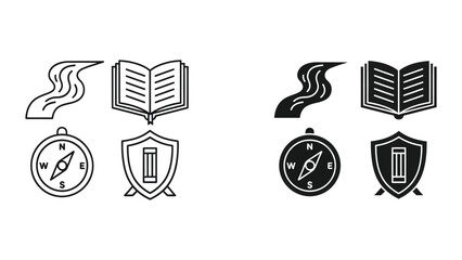 Contrasting icon sets featuring fire, book, compass, and shield symbols in light and dark styles © Jorina Stock