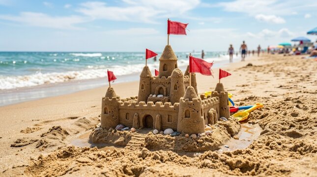A charming sandcastle with small red flags standing on a sunlit beach, crisp sand textures, playful summer mood, low-angle coastal composition, natural shadows, photorealistic detail in grains of sand