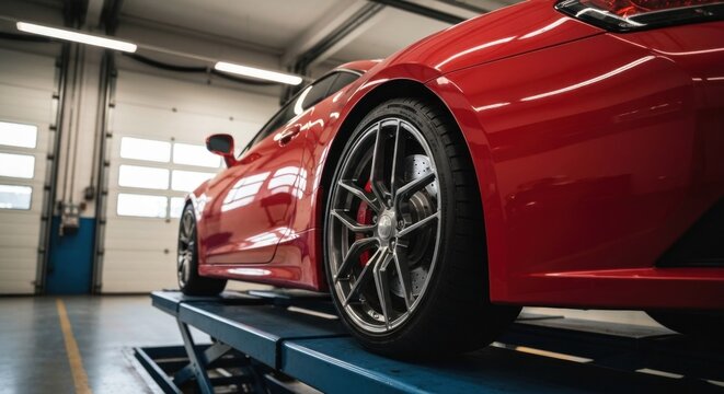 Red sports car on a lift inside a workshop, close-up of tire and body