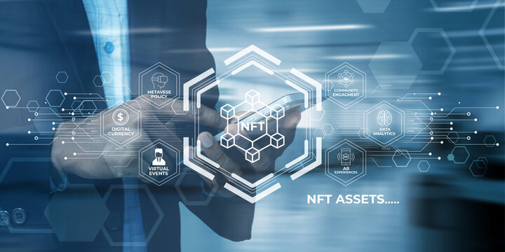 Businessman interacting with digital interface showcasing NFT concept with interconnected hexagons representing blockchain technology and virtual assets within a futuristic digital realm