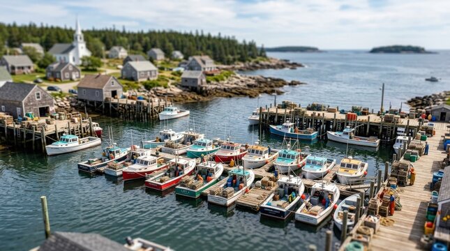 Tilt-shift focus on Maine lobster fishing boats in a northeastern harbor, miniature-like selective focus effect with realistic maritime detail, photorealistic creative coastal photography, 8K,no logos